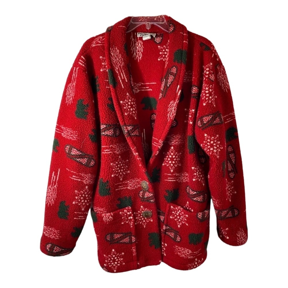 Vintage‎ Red Fleece Medium Bears Ski Forest Tree Christmas Holiday Cozy Jacket